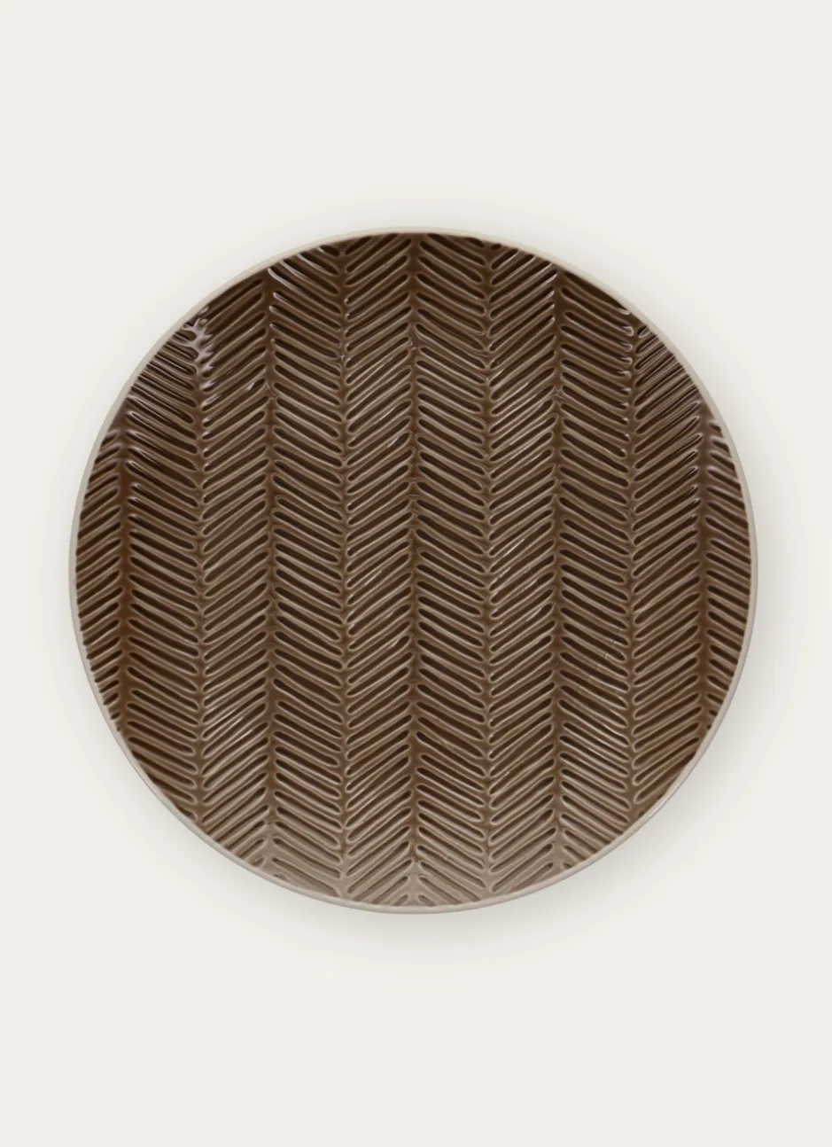 ASSIETTE PLATE EN GRÈS MOTIF CHEVRON RUSTIQUE MARRON