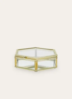 BOÎTE HEXAGONALE EN VERRE AVEC STRUCTURE DORÉE TRANSPARENT/DORE
