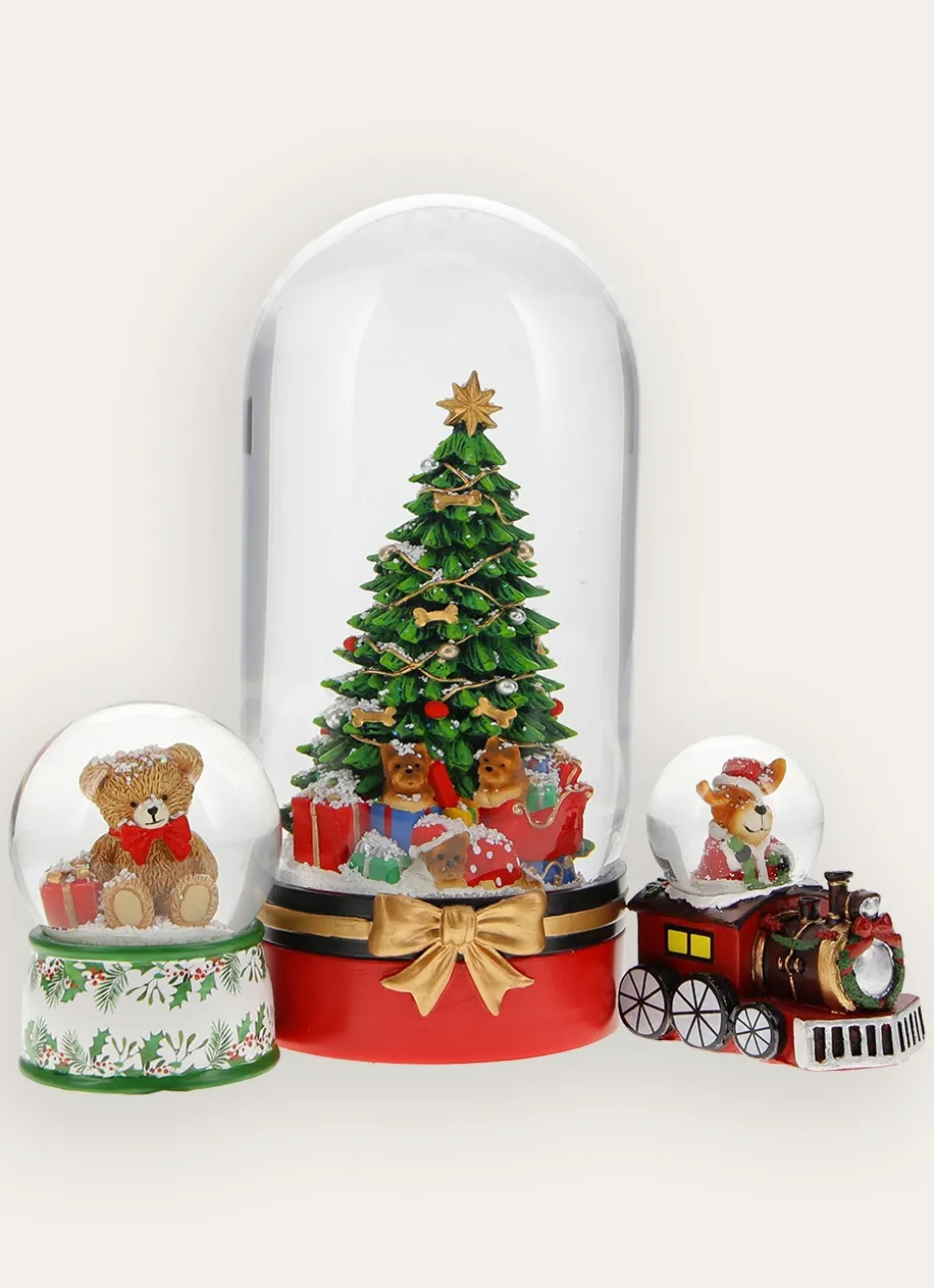 BOULE À NEIGE LUMINEUSE - SAPIN DÉCORÉ ET CHIENS ROUGE