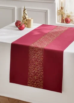 CHEMIN DE TABLE EN SATIN AVEC BRODERIE DORÉE ROUGE BORDEAUX