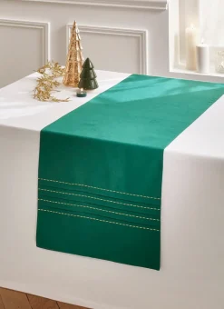 CHEMIN DE TABLE PLISSÉ BRODÉ FILS DORÉS VERT