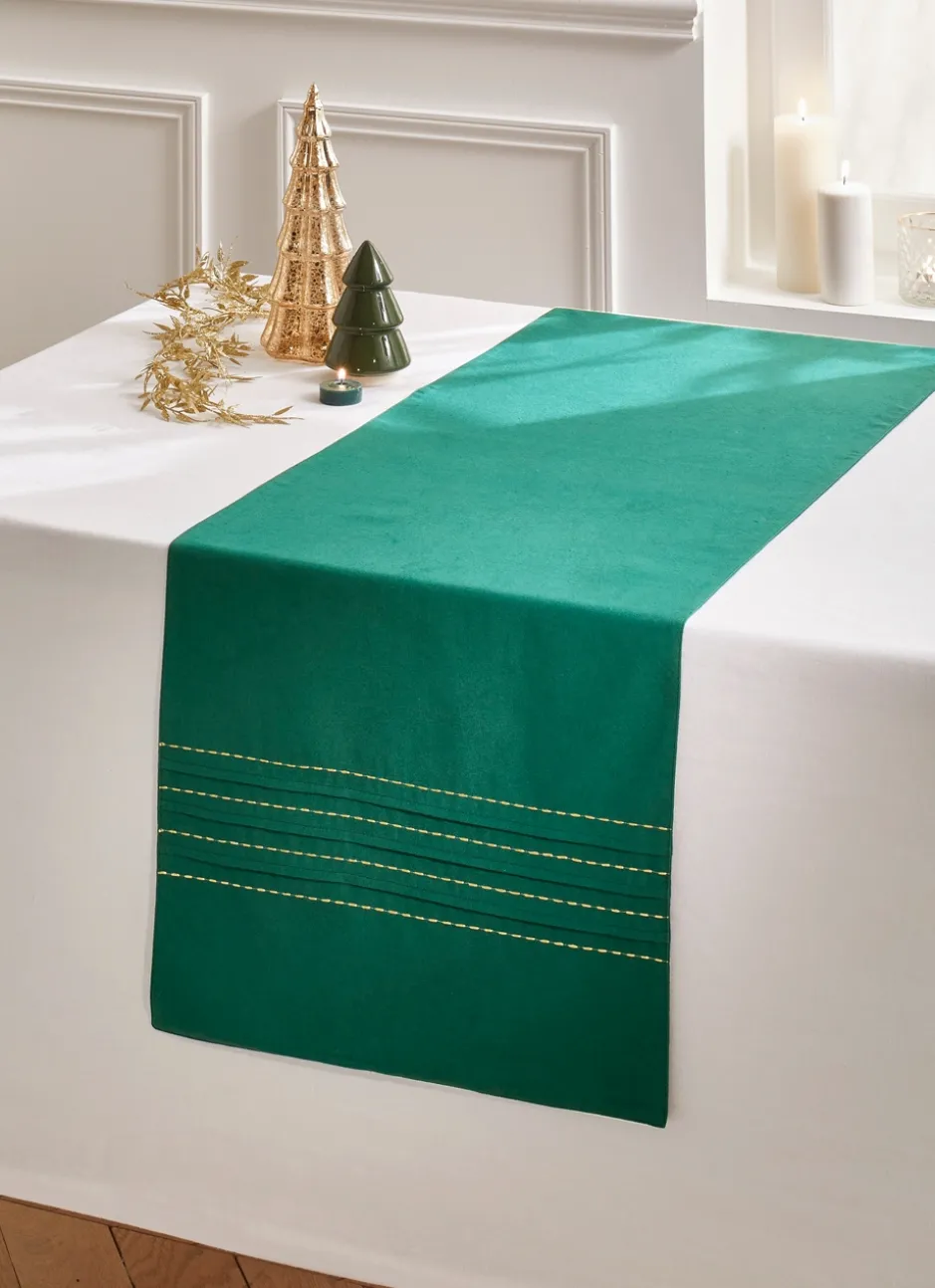 CHEMIN DE TABLE PLISSÉ BRODÉ FILS DORÉS VERT