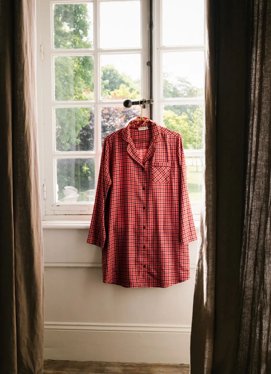 CHEMISE DE NUIT À CARREAUX MANCHES LONGUES ROSE FONCE