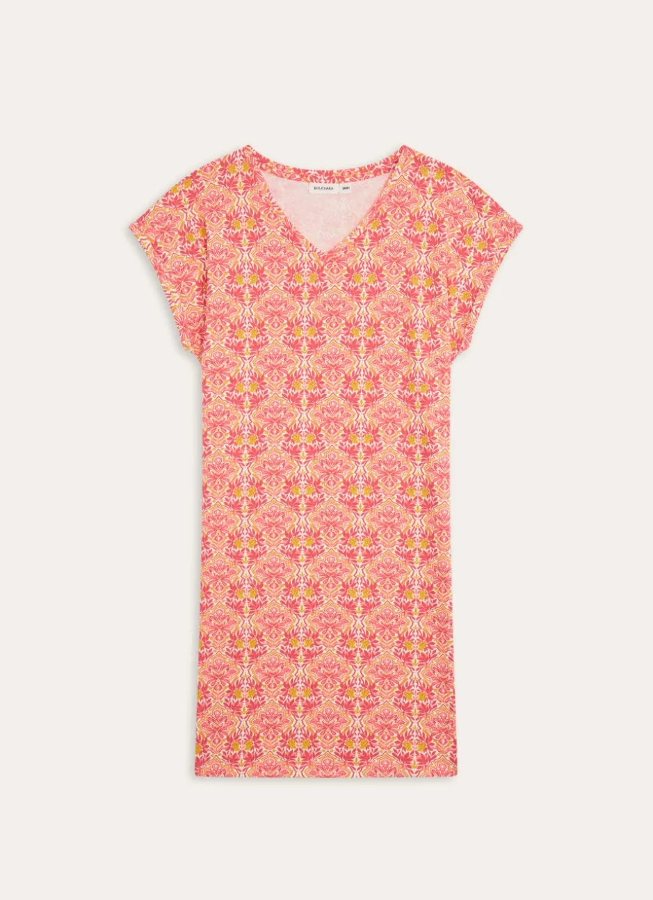 CHEMISE DE NUIT MANCHES COURTES COL V IMPRIMÉ ROSE