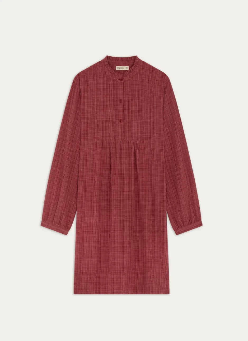 CHEMISE DE NUIT À MANCHES LONGUES IMPRIMÉ CARREAUX ROSE FONCÉ