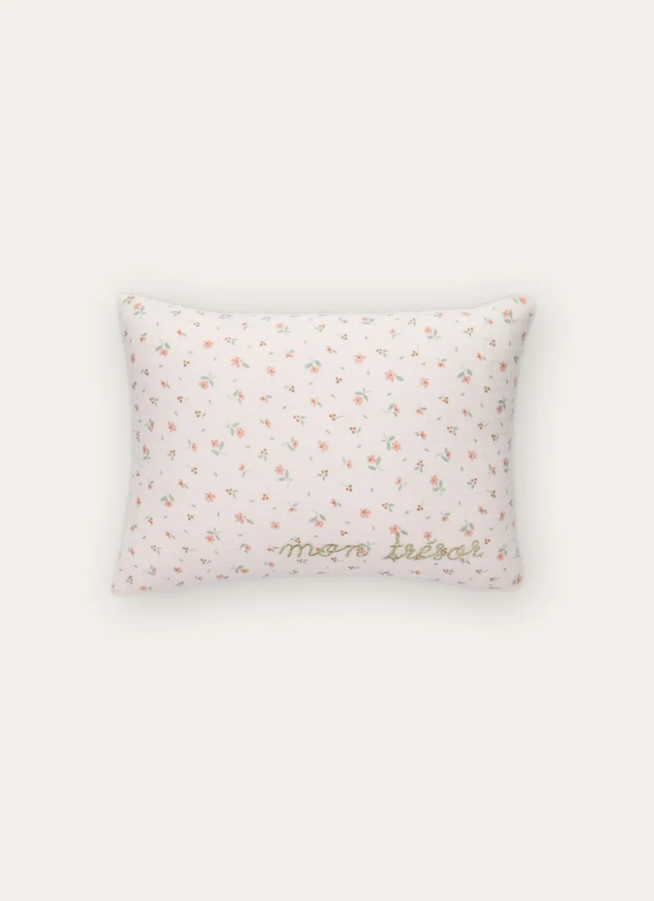 COUSSIN EN GAZE DE COTON FLEURS ET BRODERIE ÉCRU