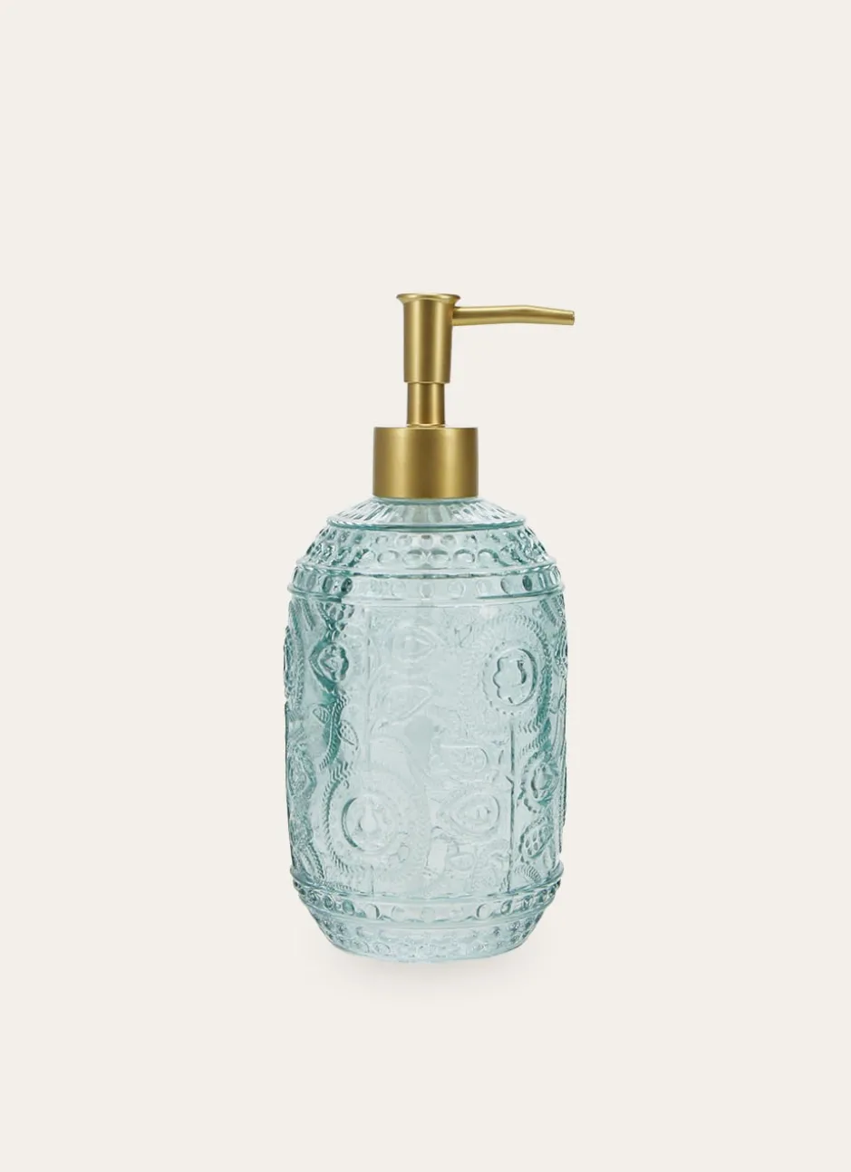 DISTRIBUTEUR DE SAVON EN VERRE GRAVURES DE FLEURS BLEU CLAIR