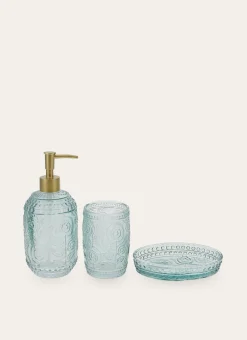 DISTRIBUTEUR DE SAVON EN VERRE GRAVURES DE FLEURS BLEU CLAIR