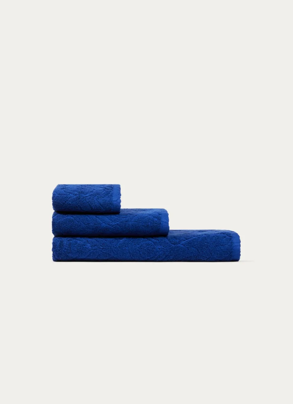 DRAP DE BAIN UNI JACQUARD CISELÉ FINITION VELOURS BLEU