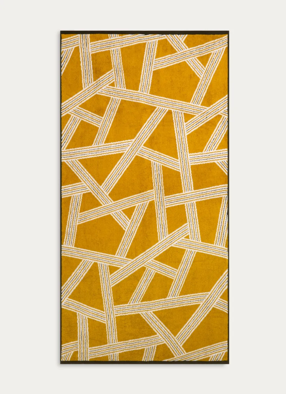 DRAP DE DOUCHE JACQUARD MOTIFS GÉOMÉTRIQUES JAUNE OCRE