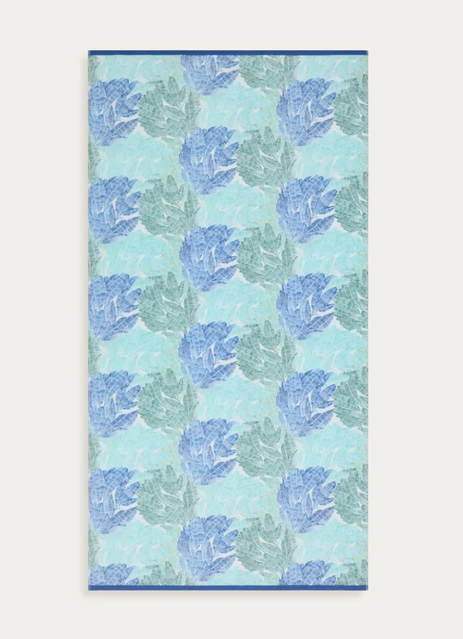 DRAP DE PLAGE JACQUARD VELOURS À MOTIFS PALMES BLEU / VERT