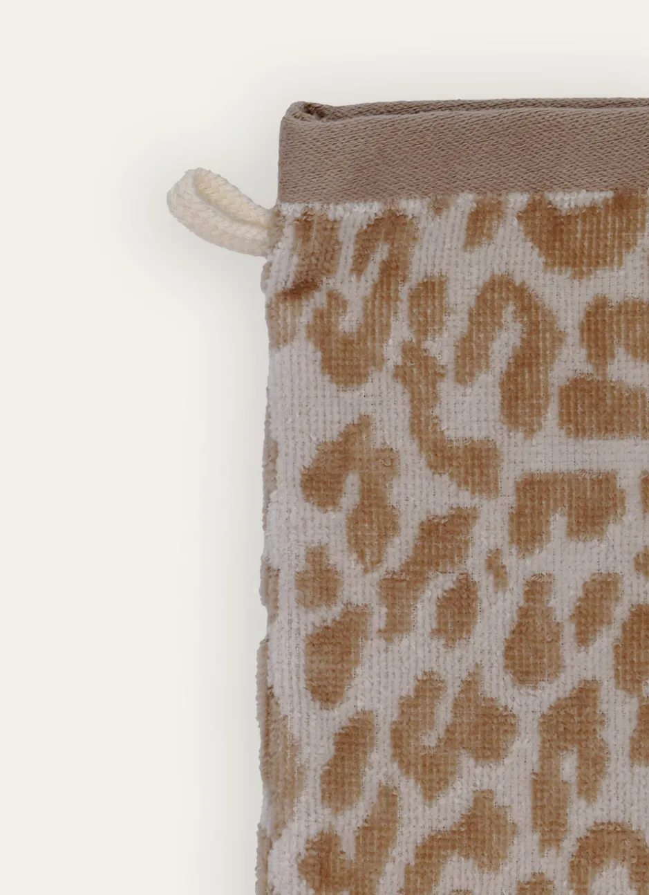 GANT DE TOILETTE EN VELOURS À MOTIF LÉOPARD BEIGE CLAIR