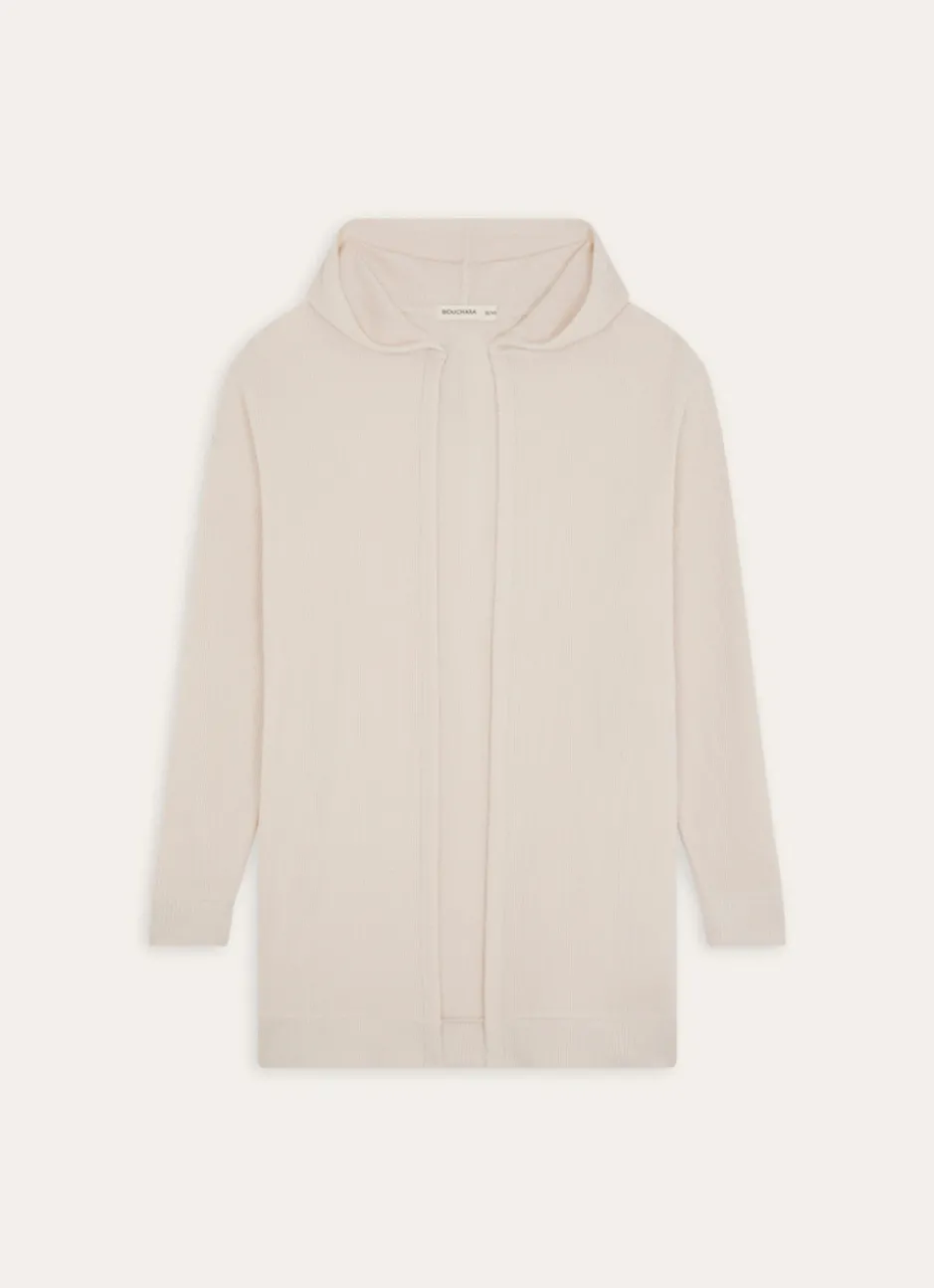 GILET LONG À CAPUCHE EN MAILLE NID D'ABEILLE ECRU