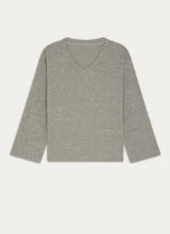 HAUT MANCHES LONGUES COL V EN MAILLE GRIS