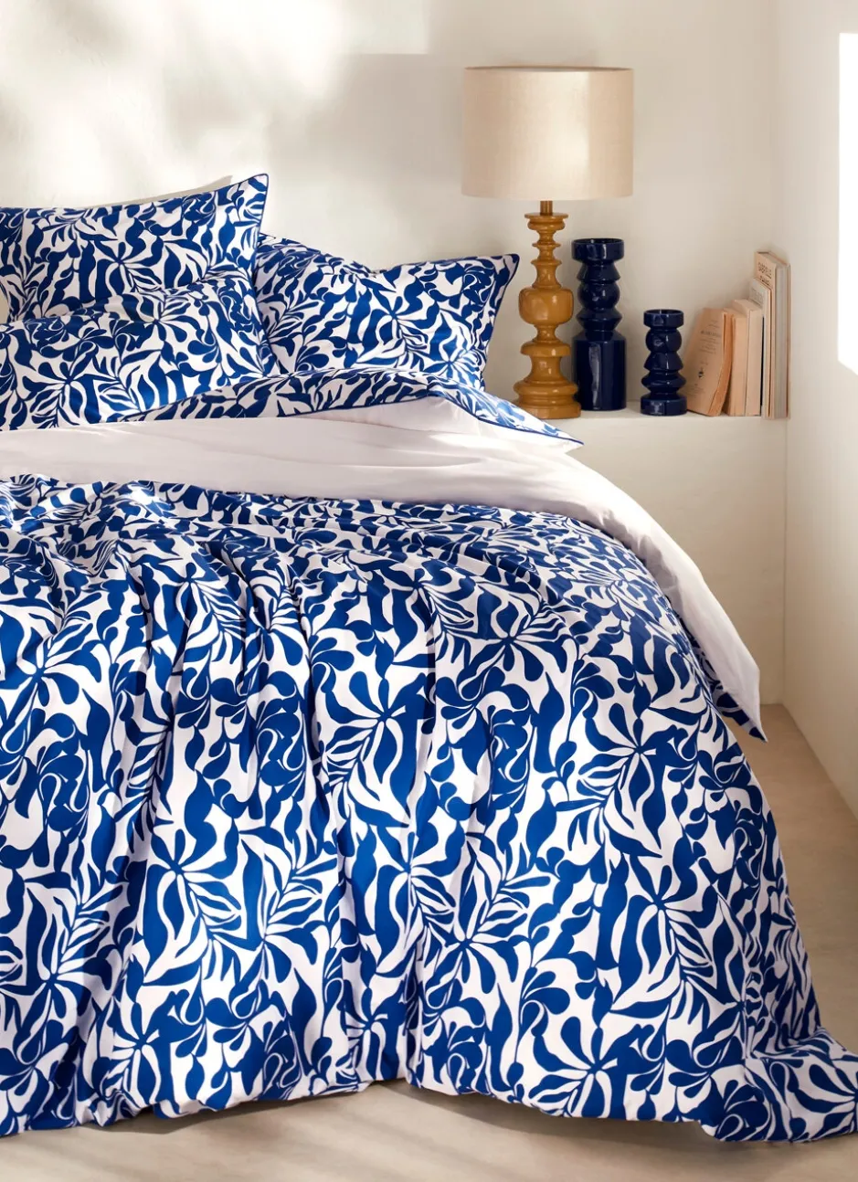 HOUSSE DE COUETTE EN PERCALE IMPRIMÉE FEUILLAGE BLEU