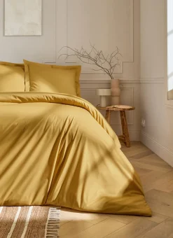 HOUSSE DE COUETTE UNIE EN PERCALE DE COTON JAUNE MOUTARDE