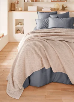JETÉ DE LIT EN COTON LAVÉ NID D'ABEILLE SABLE