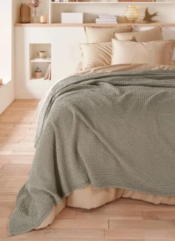 JETÉ DE LIT EN COTON LAVÉ NID D'ABEILLE SAUGE