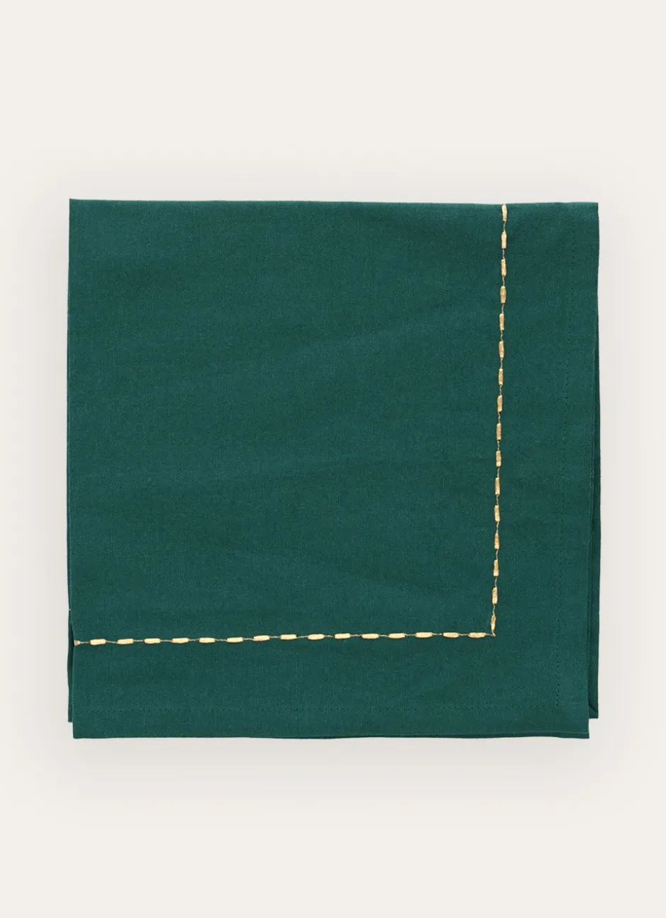 LOT DE 2 SERVIETTES DE TABLE BRODÉES FILS DORÉS VERT