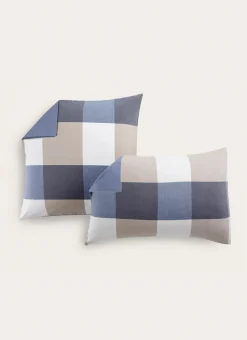 LOT DE 2 TAIES D'OREILLER EN COTON GRANDS CARREAUX BLEU