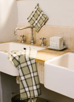 LOT DE 2 TORCHONS A CARREAUX & RAYURES VERT KAKI