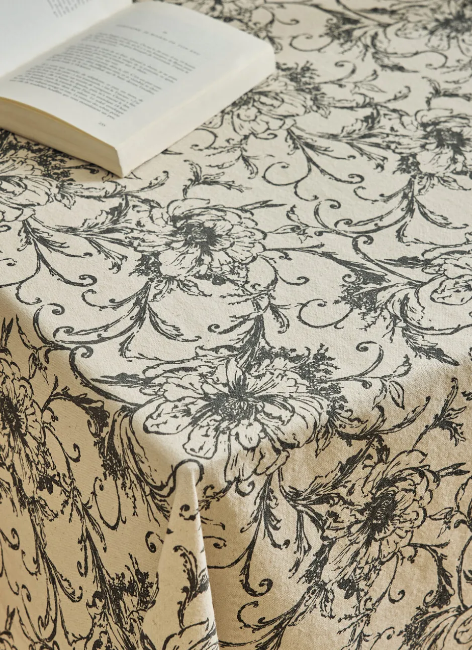 NAPPE EN COTON IMPRIMÉ MOTIF FLORAL ECRU