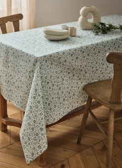 NAPPE FLEURIE EN COTON ENDUIT ÉCRU / VERT