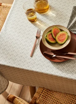 NAPPE RONDE EN COTON ENDUIT IMPRIMÉ PETITES FLEURS BLANC / GRIS
