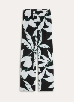PANTALON DROIT ÉLASTIQUÉ EN COTON IMPRIMÉ FEUILLE Noir