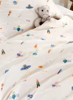 PARURE DE LIT BÉBÉ EN PERCALE MOTIF SPATIAL BLANC