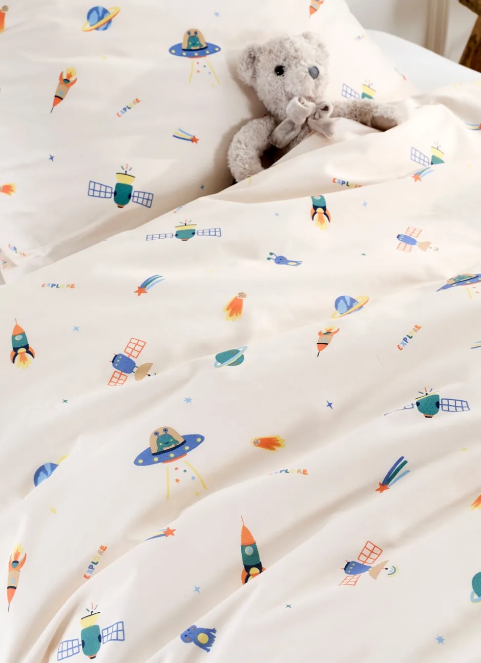 PARURE DE LIT BÉBÉ EN PERCALE MOTIF SPATIAL BLANC