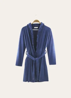 PEIGNOIR COURT EN VELOURS AVEC COL À VOLANTS BLEU