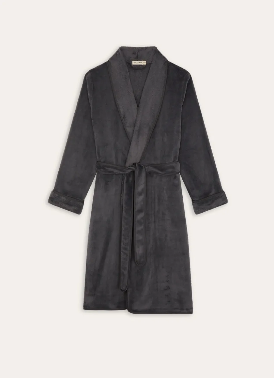 PEIGNOIR EN POLAIRE AVEC DÉTAIL SATIN GRIS