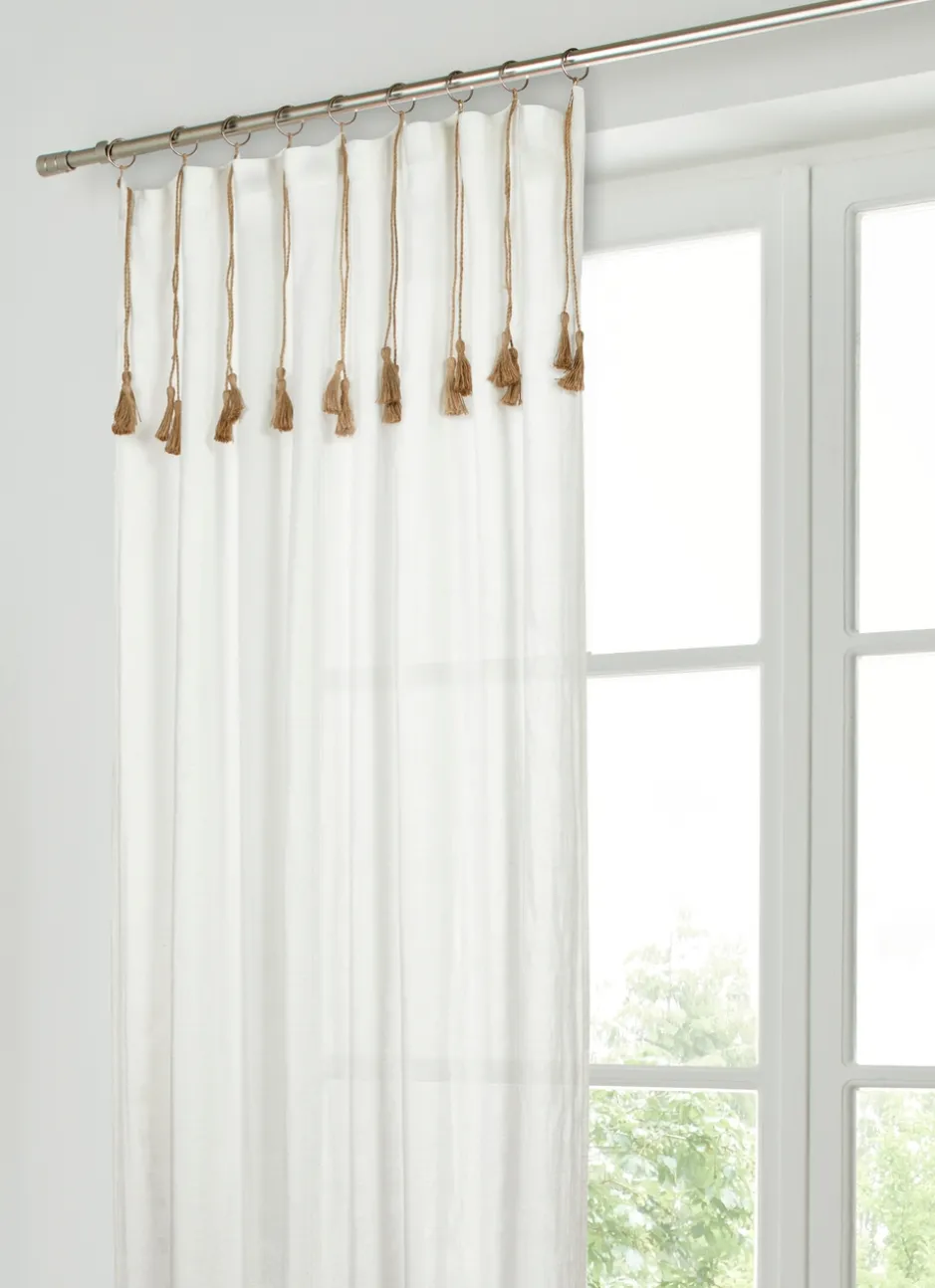 RIDEAU DOUBLE GAZE DE COTON GAUFRÉ AVEC POMPONS BLANC