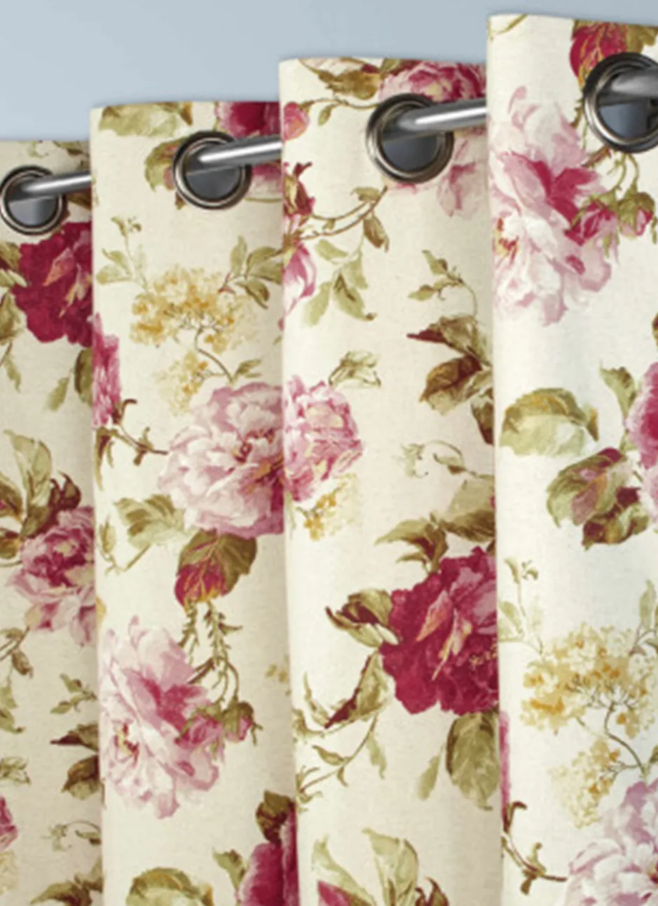 RIDEAU EN COTON ET LIN À MOTIFS FLEURS ROSE