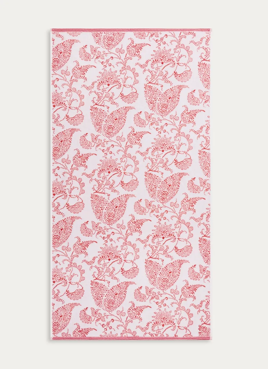 SERVIETTE DE TOILETTE JACQUARD MOTIF FLORAL ORIANE BLANC / CORAIL