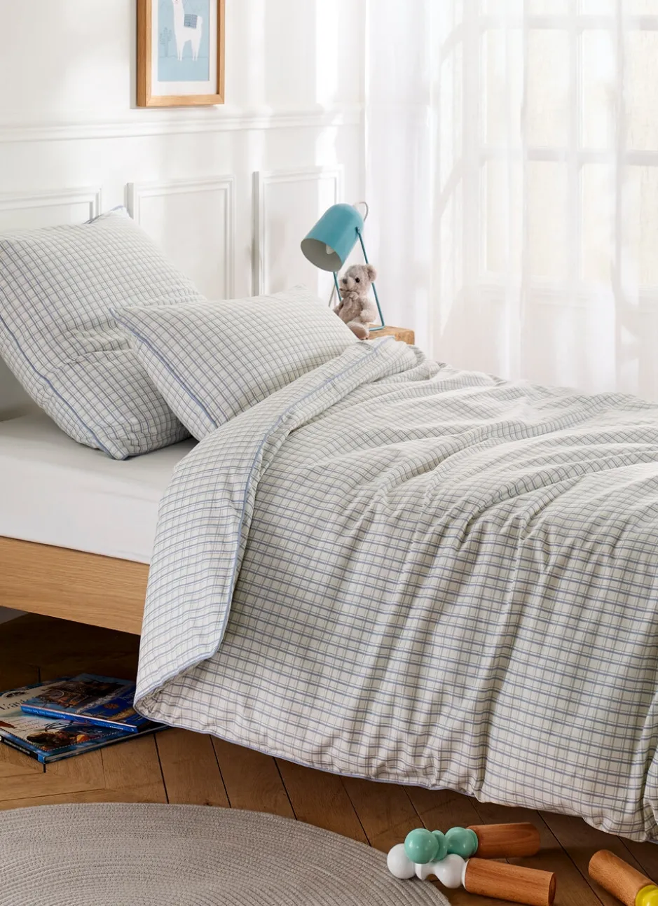 TAIE D'OREILLER ENFANT À CARREAUX TARTAN BLEU