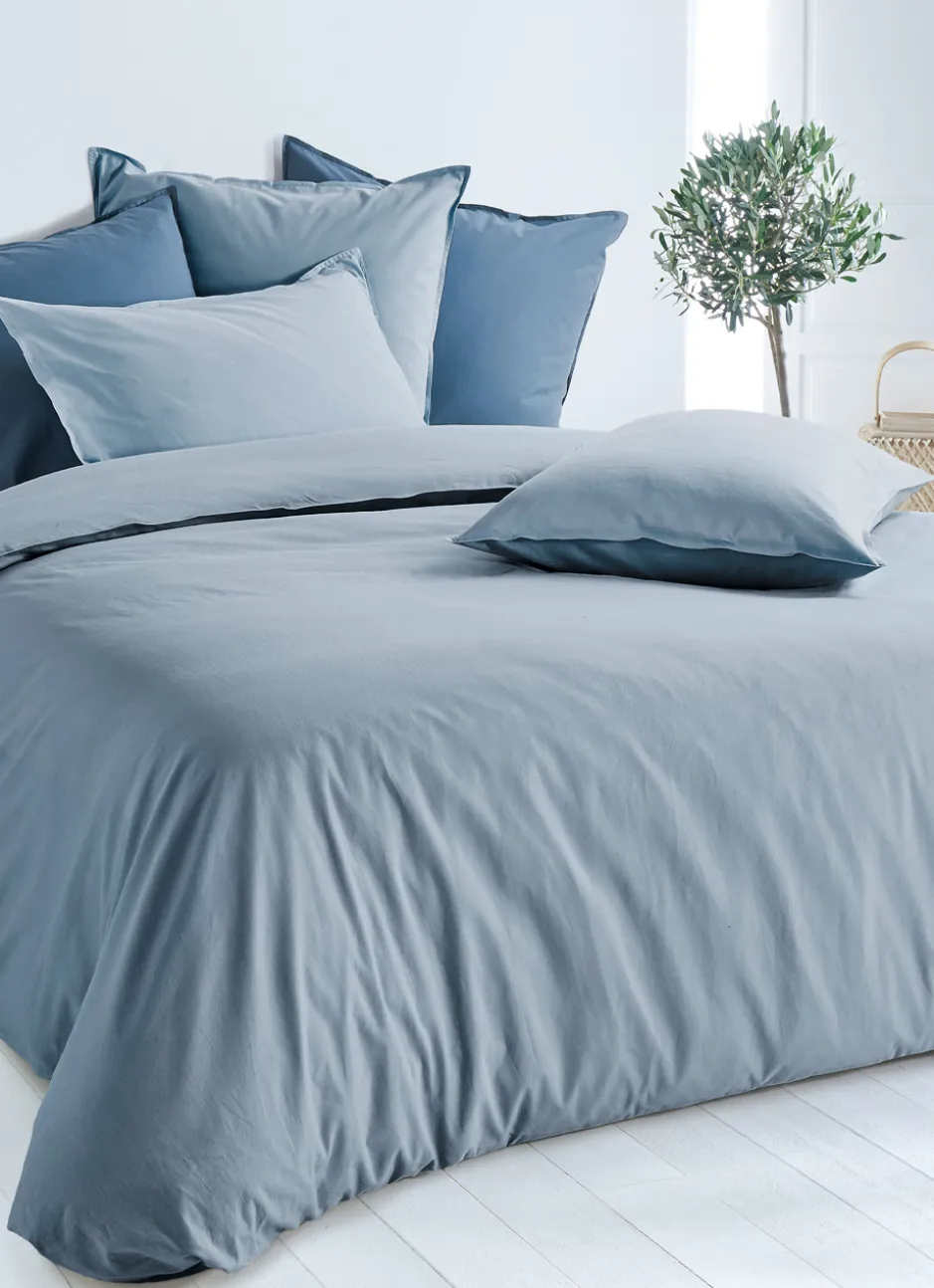 TAIE D'OREILLER UNIE EN COTON LAVÉ BIO BLEU