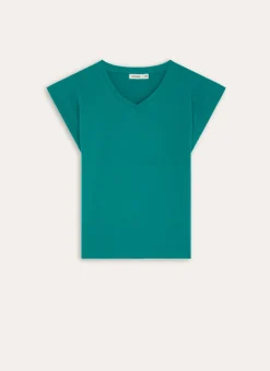 TEE SHIRT MANCHES COURTES COL V EN COTON EMERAUDE