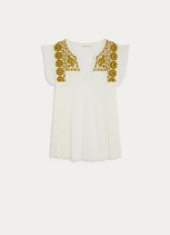 TOP SANS MANCHES BRODÉ EN GAZE DE COTON NOUR BLANC