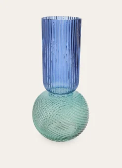 VASE EN VERRE BICOLORE STRIÉ FAIT MAIN VERT/BLEU