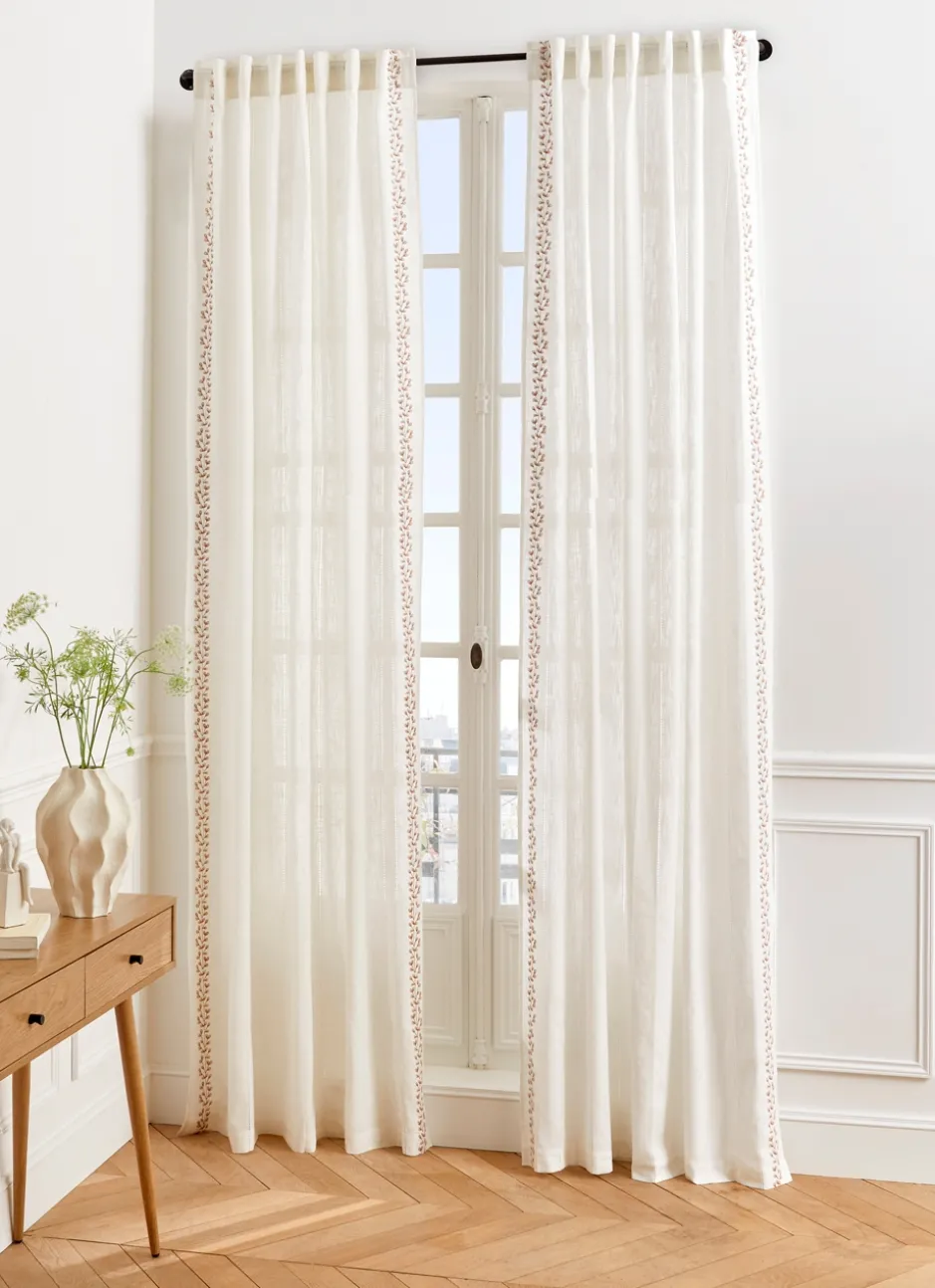 VOILAGE TAMISANT À RAYURES ET BRODERIES FLORALES BLANC